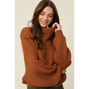 Ribbed Mock Neck Dolman Sleeve Sweater - Brown